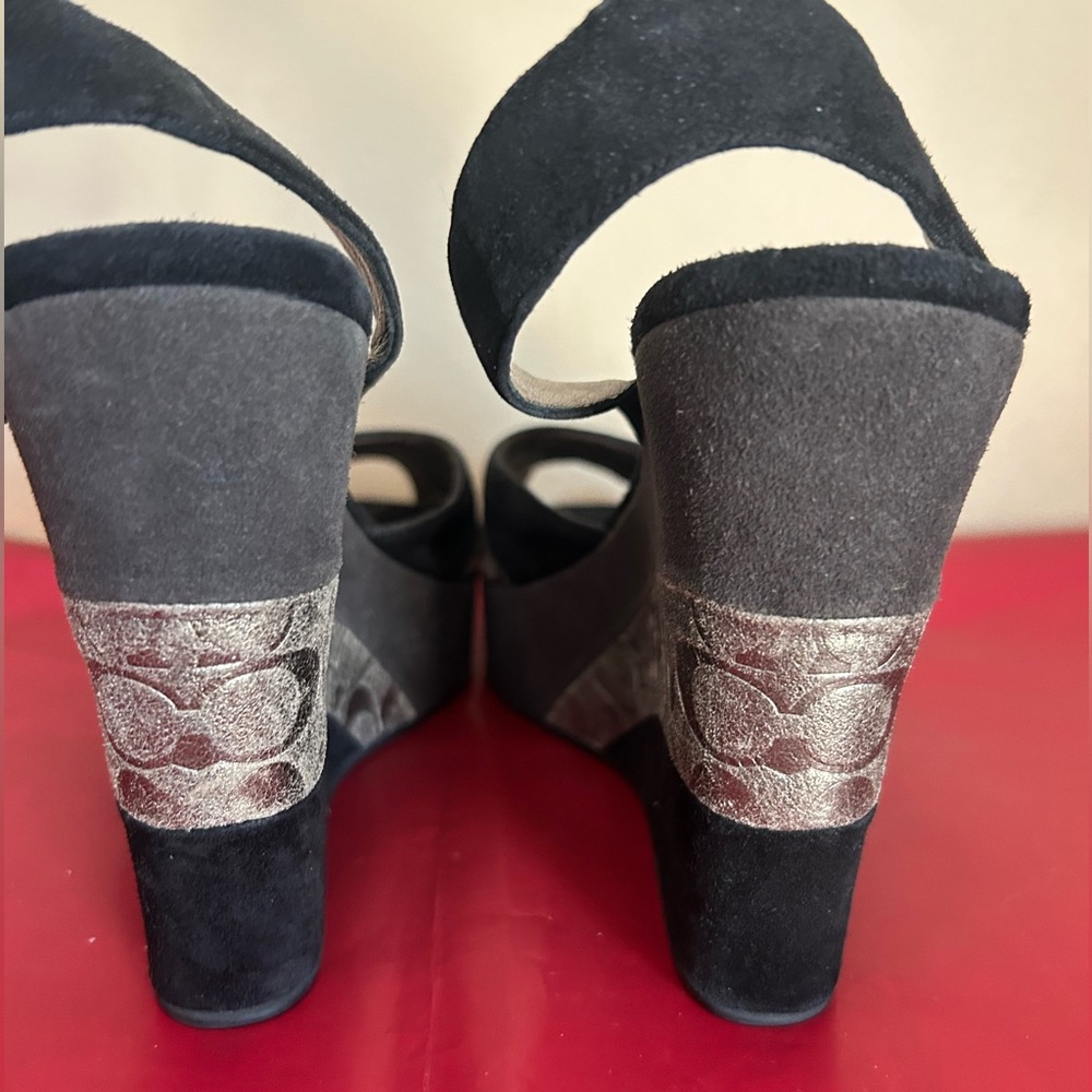Coach Black and Silver Suede Wedge Sandals - Picture 10 of 13